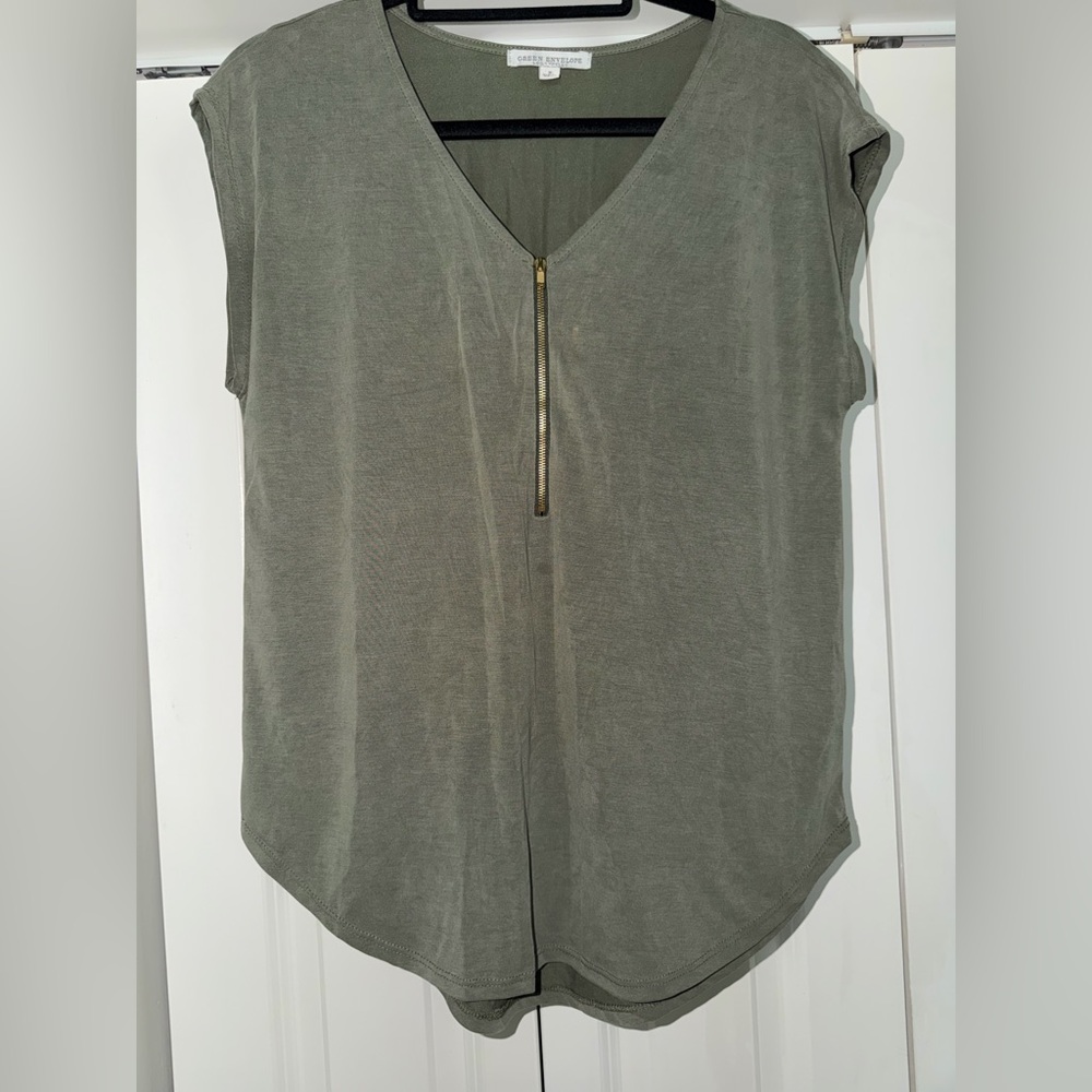 Green Envelope Olive V-Neck Blouse with Zipper